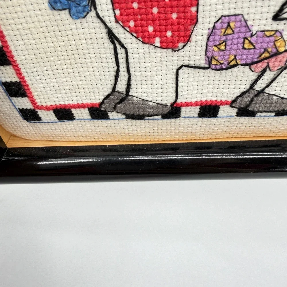 Framed Cross Stitch Patchwork Heart Cow Country Cottage Core Decor Folk Art